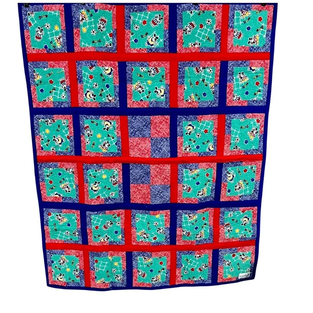 Handmade Sports Soccer Dog Patchwork Quilt Red‎ Blue Teal 50x42  Puppy Blanket